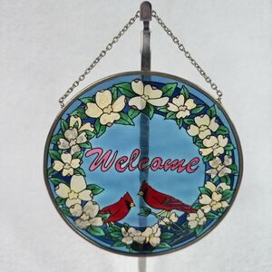 Amia Studios Stained Glass Suncatcher Cardinals “Welcome"  Window Hanging 6.5”‎